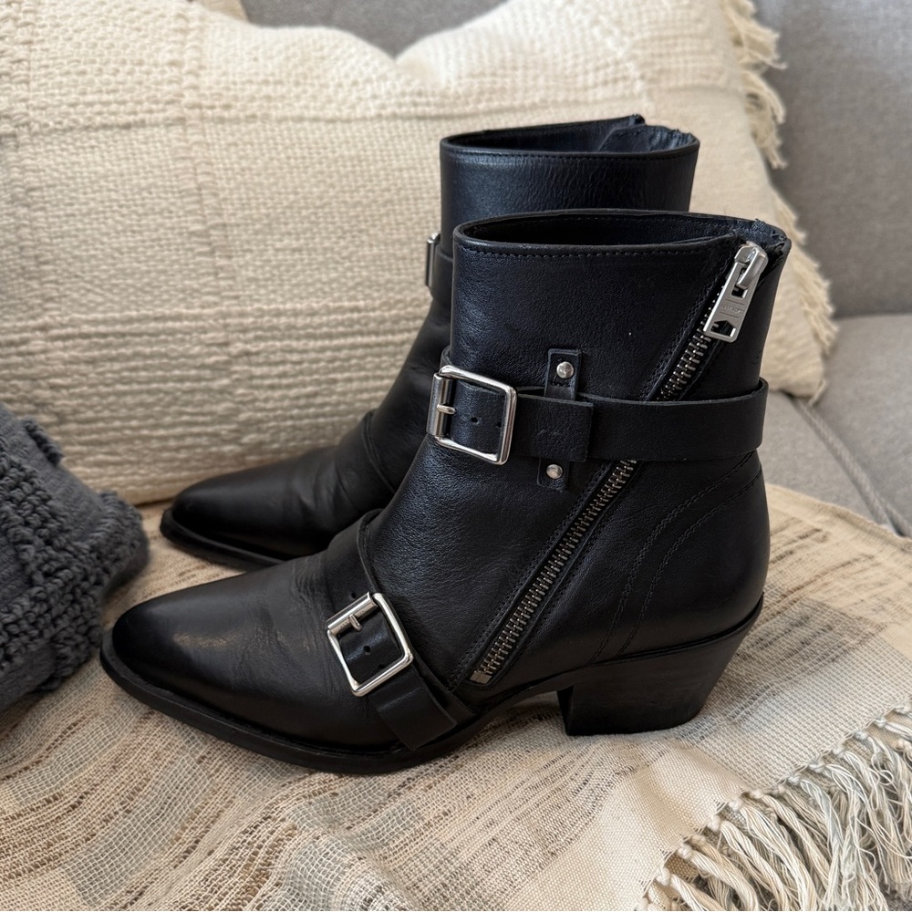 All Saints Lior Moto Buckled Zip Black Pointed Toe Ankle Boots 37 US 6.5
